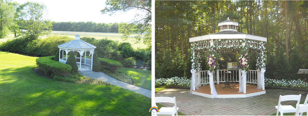 On the left, a gazebo surrounded by grass with stone path leading to the entrance. Short bushes frame the entrance of the gazebo and extend out to the path leaving little room to stand. To the right, a photo of a gazebo with stone around the whole entrance leaving plenty of space to stand. Flowers and greenery create a backdrop without intruding on the ceremony space.