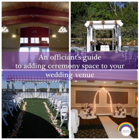 4 wedding ceremony spaces are shown. An empty ballroom, an outdoor space with a white pergola decorated in flowers, another outdoor space with a large white pergola spanning the width of the space and flower petals marking the aisle, and a indoor space with a lighted arch at between 2 flower arrangements and a white runner marking the aisle over a dark carpet.