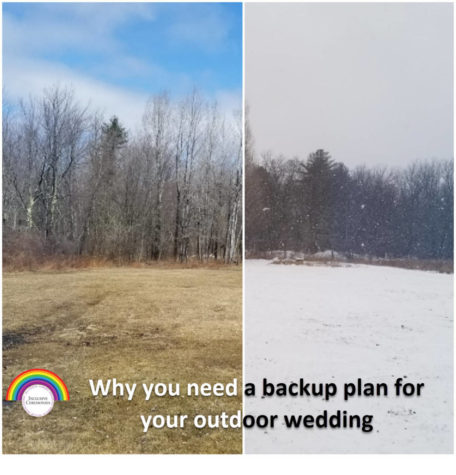 Split screen of a mountain field. On the left is a sunny day, on the right snow.
Caption: Why you need a backup plan for your outdoor wedding.