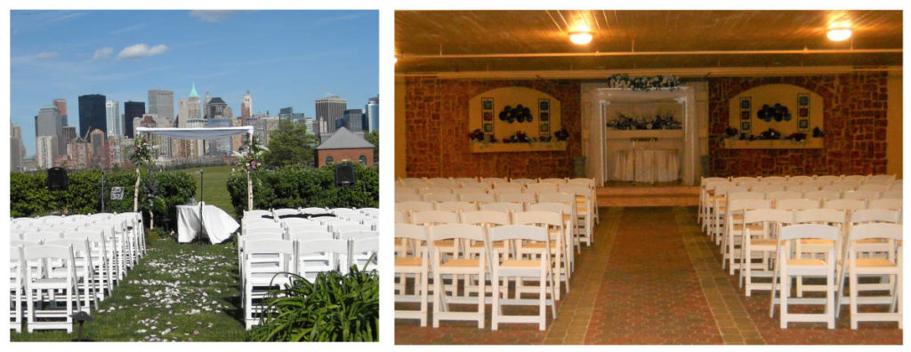 Two weddings canopies. On the left, an outdoor wedding set up with a white chuppah and a table beneath. On the left, an indoor wedding with a chuppah.