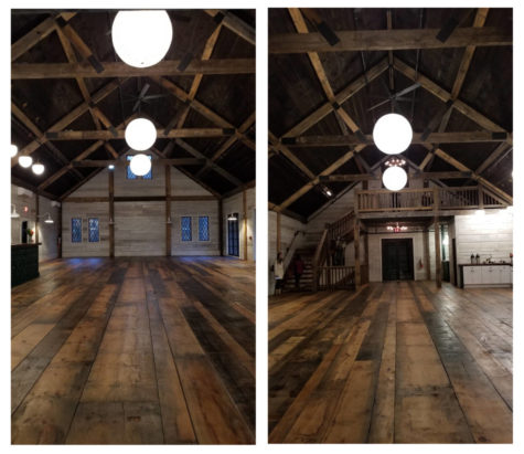 Two views of a rustic barn space. On the left, a wide plank wood floor leads to an open space with vaulted ceilings, huge wooden beams overhead and, in the background a wooden wall supported by huge wooden beams. There are windows on either side of the wall and up toward the ceiling. On the right, a view of the same room. This view shows the back of the room with a wooden staircase leading up to a loft area above the entrance.